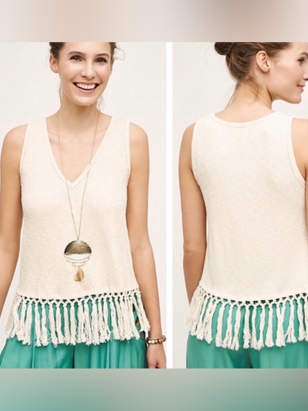 Anthropologie Eri + Ali Cream Boho Knit Tank Top - Size Medium